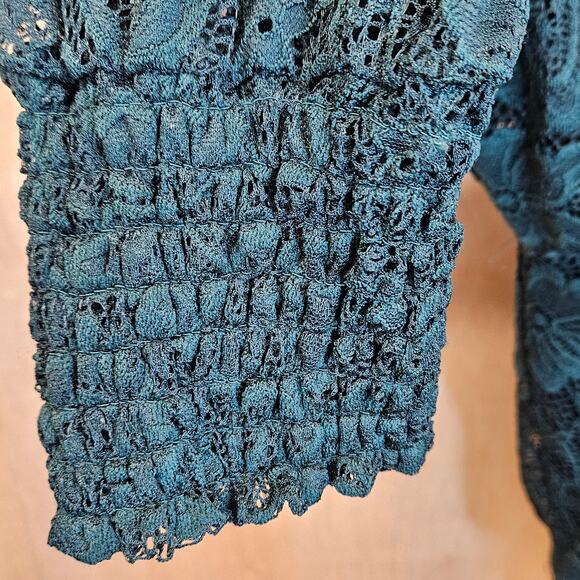 Cable & Gauge Green Mock Neck Sheer Long Sleeve Lace Floral Blouse Size M - Picture 8 of 10